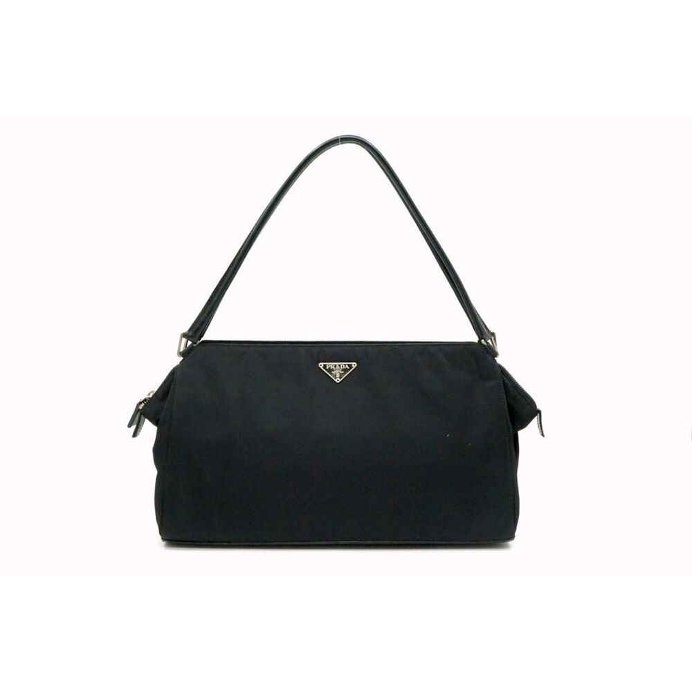 Prada Hobo Handbag Tote Bag Triangle Plate Leather Handle Tessuto Black